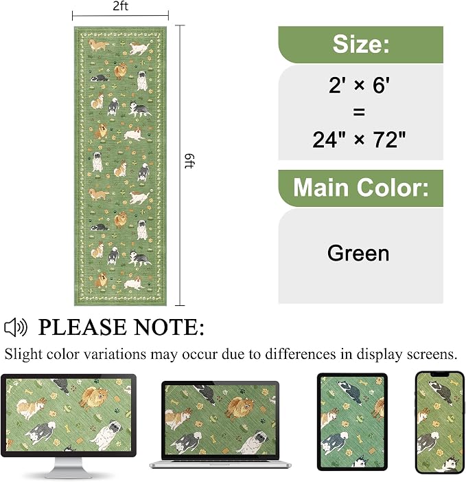 DUKINO 2x6 Kitchen Runner Rug, Washable Soft Non Slip Dog Rug, Green | Stain Resistant, Low Pile Non-Shedding Animal Carpet Runner for Hallway Laundry Entryway Bathroom Bedroom, Kid & Pet Friendly