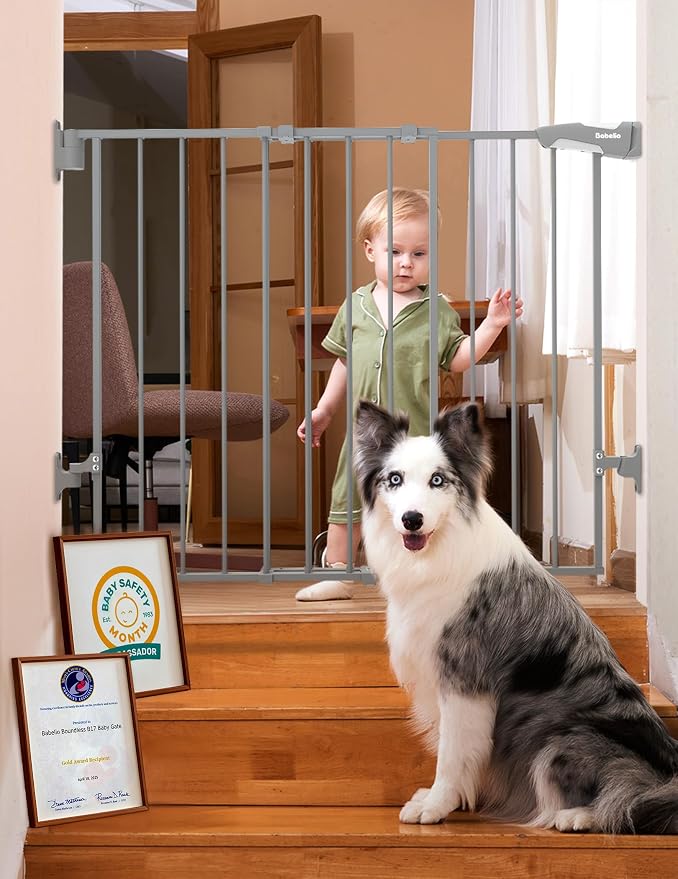 Babelio 31.5-55" No Bottom Bar Baby Gate Extra Wide, 2-in-1 Auto Close Dog Gate for The House, Stairs and Doorways, with Large Walk Thru Door, Grey
