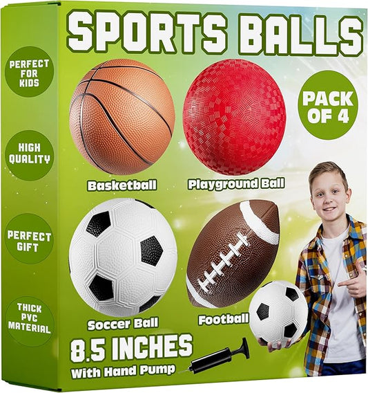 8.5” Sports Balls for Kids & Toddlers - (Pack of 4) Rubber Inflatable Multi-Sport Ball Set - Football, Soccer Ball, Basketball, Playground Ball & Pump - Birthday Gift Toys for Boys & Girls