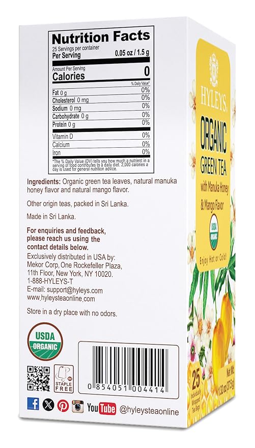HYLEYS Organic Green Tea, Manuka Honey and Mango Flavor, 150 Tea Bags (6 Pack of 25) - Individually Wrapped Tea Bags - USDA Organic - Kosher & Vegan
