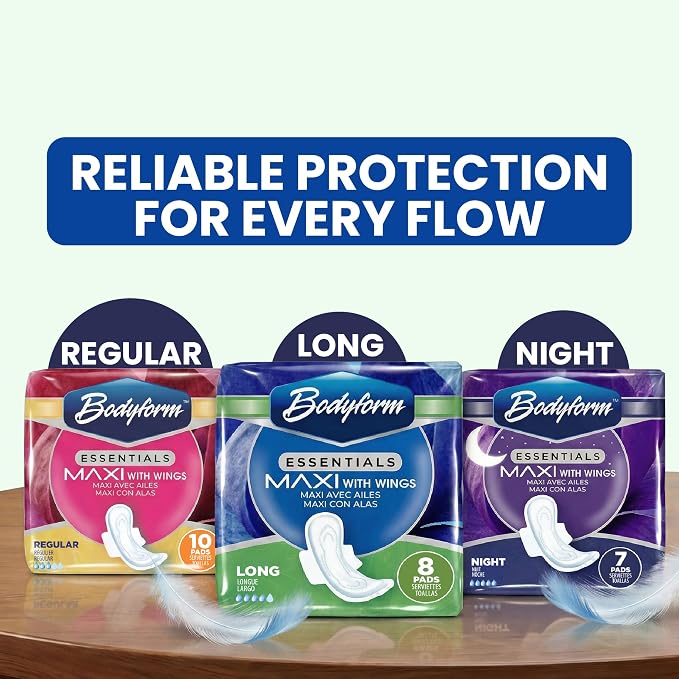 [96 Count] Essentials Maxi Pads with Wings | 8 Count (Pack of 12), Sanitary Pads for Women, Super-Soft & Leak-Proof Period Pads, Advanced Absorbent Core with Wings | Long