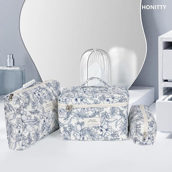 honitty Makeup Bag,Quilted Cosmetic Bags,Large Floral Make Up Organize bag,Makeup Bag Set for Women,Flower Travel Toiletry Bag