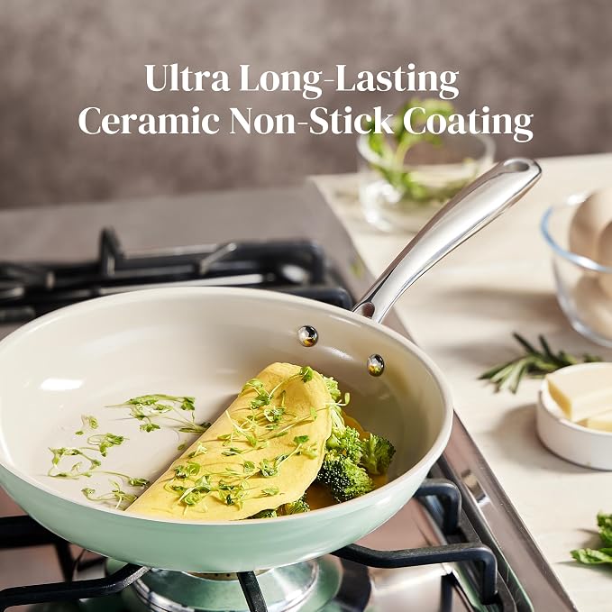 Redchef Ceramic Nonstick Pan, Mini Skillet for Breakfast & Eggs, Healthy Chemical-Free Cooking, Stay-Cool Stainless Steel Handle, PTFE & PFAS & PFOA Free, Mint Green, 8 Inch