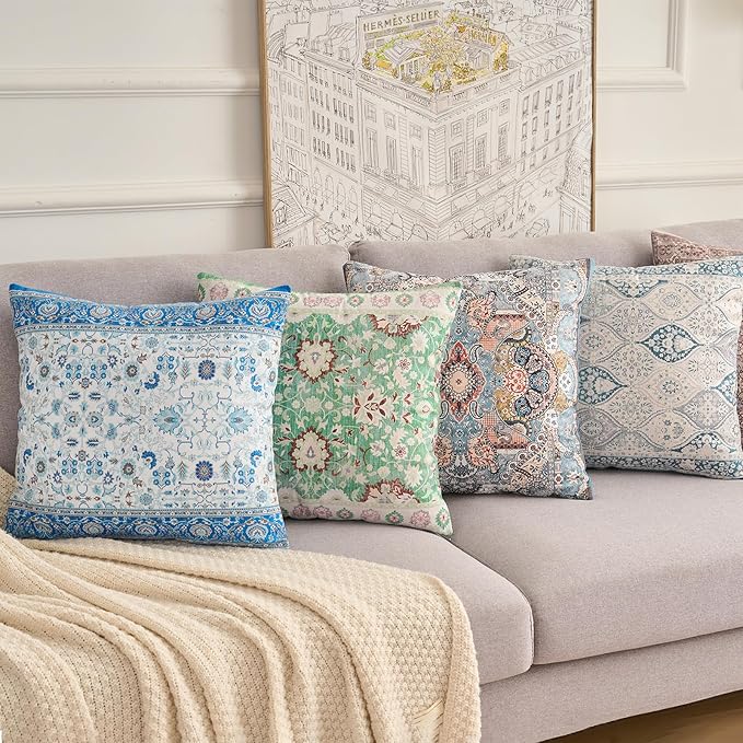 Boho Floral Throw Pillow Covers 20x20 inch Set of 2,Blue Boho Rug Geometric Floral Pattern Decor Double Sided Pattern Cushion Cover Soft Pillow Case Living Sofa Room Bed Square Pillow Cover