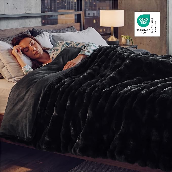 Bedsure GentleSoft Bubble Faux Fur Blankets Queen Size, Fluffy Fuzzy Queen Blanket for Bed, Soft Cozy Faux Fur Bedding for Winter, Thick Warm Plush Bed Cover, Black, 90x90