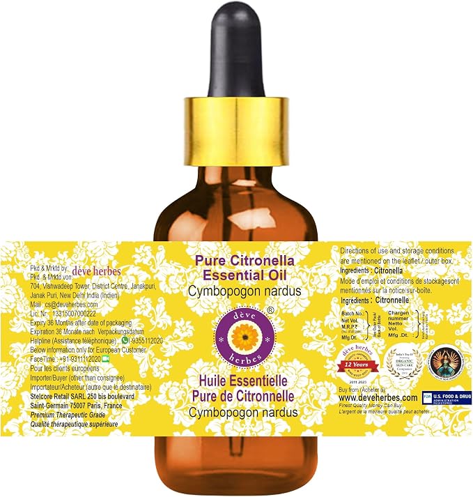 Deve Herbes Pure Citronella Essential Oil (Cymbopogon nardus) with Glass Dropper Steam Distilled 15ml (0.50 oz)