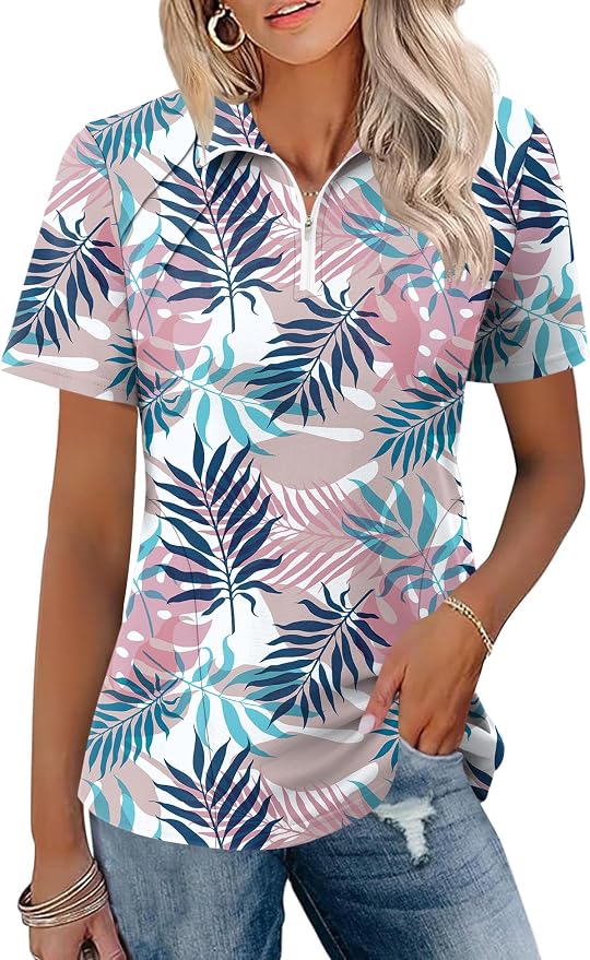 LOMON Womens Golf Polo Shirt Summer Short Sleeve Quarter Zip Outfit | Side-Pockets,Princess Seams,Cotton,Wrinkle Free,Moisture Wicking,Quick-Dry,Lightweight,Collared,for Tennis Workout