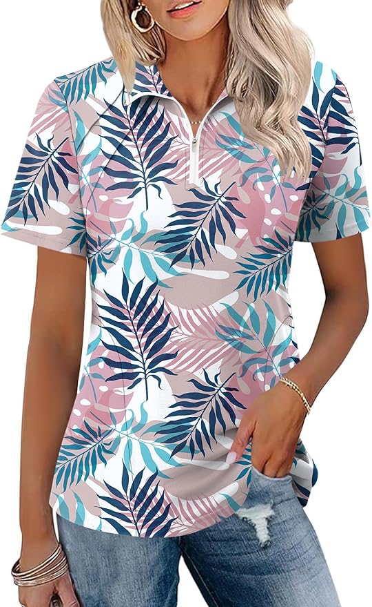 LOMON Womens Golf Polo Shirt Summer Short Sleeve Quarter Zip Outfit | Side-Pockets,Princess Seams,Cotton,Wrinkle Free,Moisture Wicking,Quick-Dry,Lightweight,Collared,for Tennis Workout