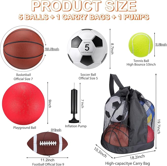 Soulchen 5 Pcs Multi Sport Ball Set for Teen Adult Official Size Soccer, Basketball, Football, Playground Ball, Tennis with Sport Equipment Bag Pump for Teen Adult Gift Back to School