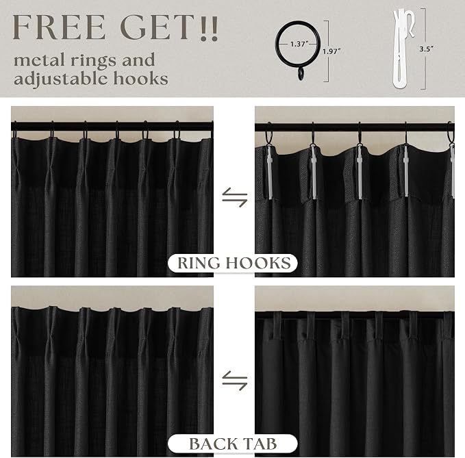 Black Linen Curtains 102 Inches Long 2 Panels for Living Room Modern Thick Linen Flax Pinch Pleated Memory Trained Light Filtering Ceiling Semi Sheer 102 Inch Curtain with Hook Rings Back Tab