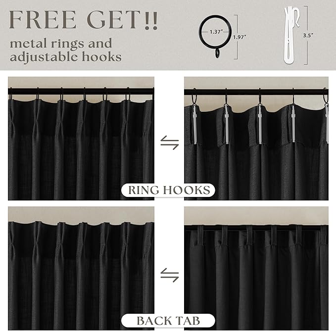 TWODRAPES Black Pinch Pleated Linen Curtains 80 Inches Long for Living Room Bedroom Light Filtering Boho Window Drape 80 Inch 2 Panels with Hooks Rings Back Tab Sliding Glass Door Semi Sheer Curtain