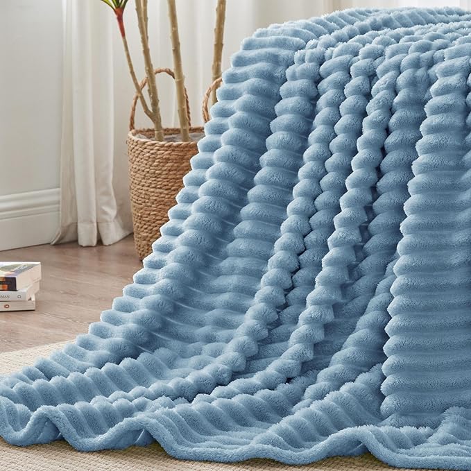 BEDELITE Ribbed Full Size Blanket for Bed, Blue, 84"x90" | Ultra-Soft Plush Fleece, Warm Yet Lightweight, Ribbed Texture, Home Decor, Machine Washable, Giftable, All-Season Use