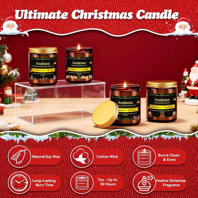 Christmas Candles Set | 4 Pack Holiday Scented Candle - 28oz Soy Candles for Home Scented - Seasonal Candle Gifts for Women and Men - Xmas Scents of Fir/Spices/Cookies/Fireplace