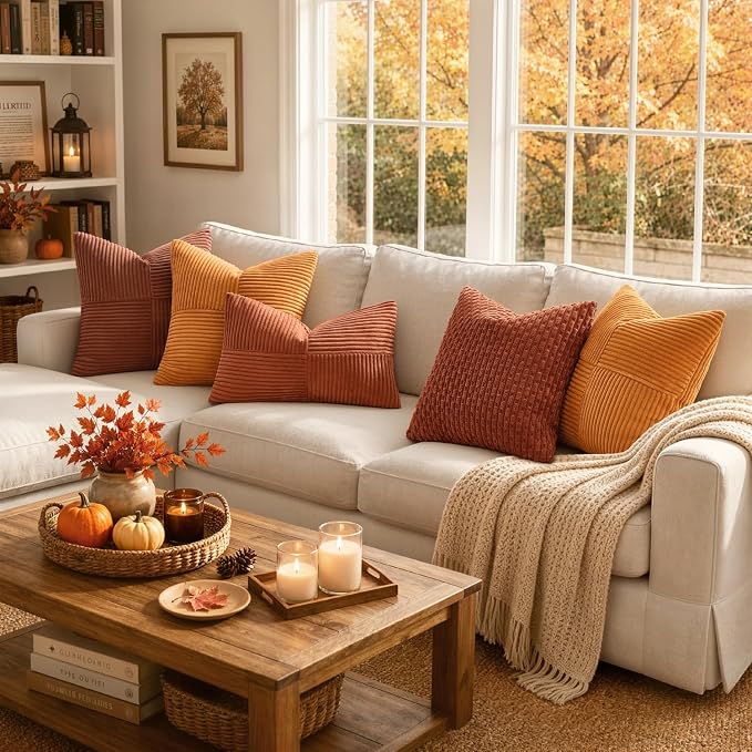 MIULEE Fall Burnt Orange Decorative Throw Pillow Covers for Couch 18x18 in | 2 Pack, Boho Farmhouse Pillow Covers, Soft Cross Corduroy Patchwork Textured Cushion Cases For Bed Sofa