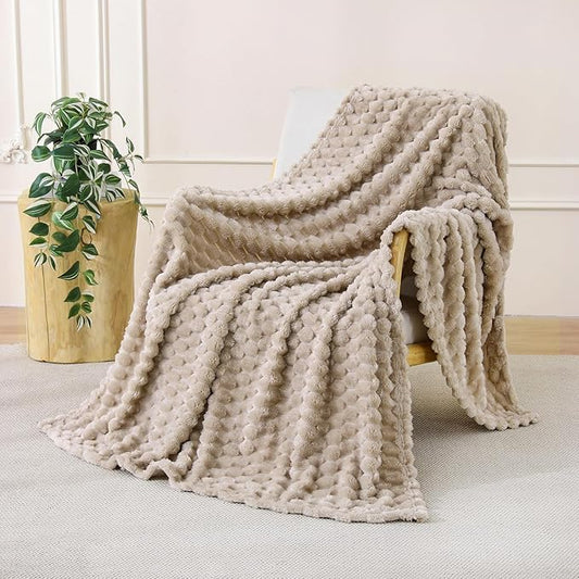Beige Fleece Throw Blanket 50”×60” for Couch Sofa Bed | Super Soft Cozy Plush Microfiber Flannel Blanket with 3D Jacquard Decorative Lightweight for Mom Woman