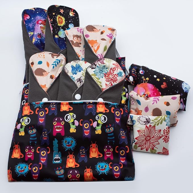 LUCKYPADS Reusable Menstrual Pads, 10 Pcs Washable Cloth Sanitary Pads & Panty Liners for Women with Wet Bag & Laundry Bag, Super Absorbent, 3 Sizes (7.9”/10”/13.7”) for Light to Overnight Flow