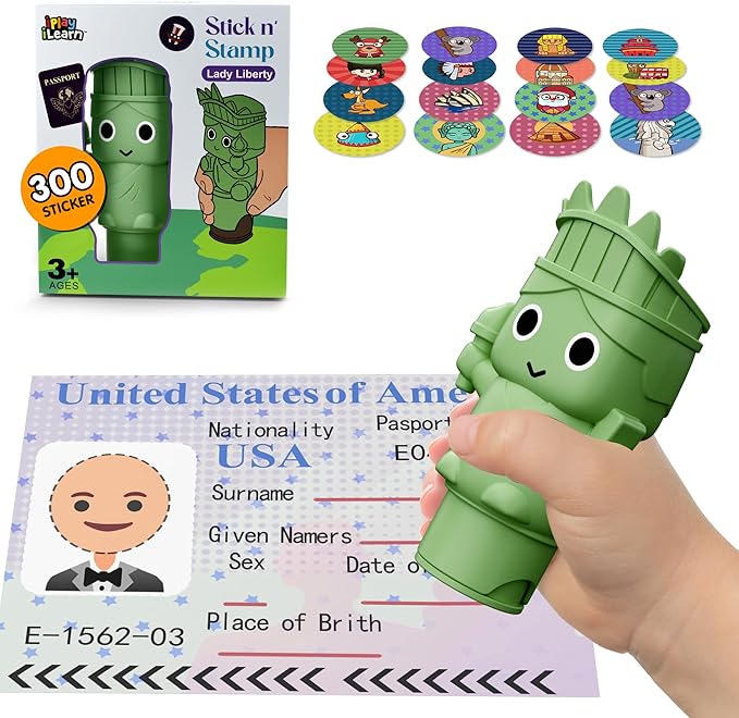 iPlay, iLearn Lady Libert Stamp & Sticker Toy, 400+ Stickers & 18-Page World Travel Stamper Book, Toddler Art Craft Kit for Plane Travel, Creative Birthday Gift for 3 4 5 6 7 8 Year Old Girl Boy Kid