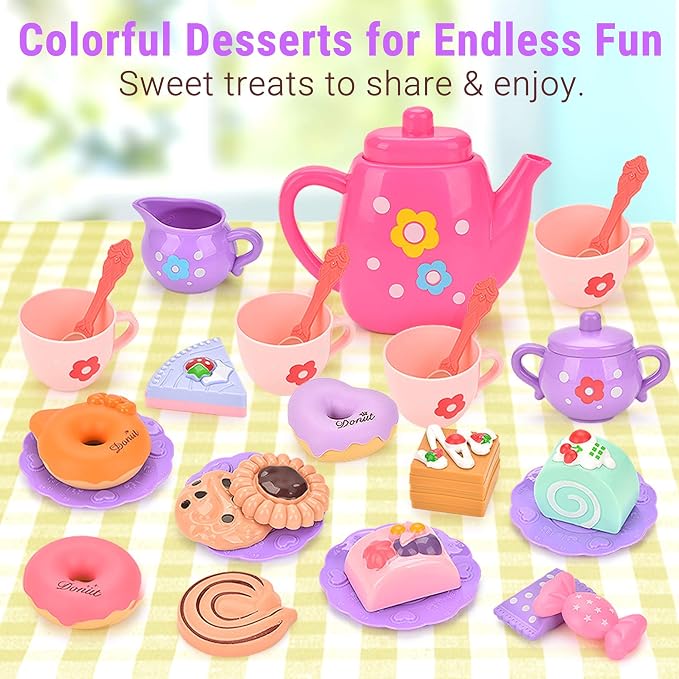 Lajeje Toddler Tea Party Set for Girls Ages 3-5, 23-Piece Pretend Play Tea Set for Kids with Teapot, Cups, Plates & Desserts, Perfect Size for Little Hands, Birthday for Girls