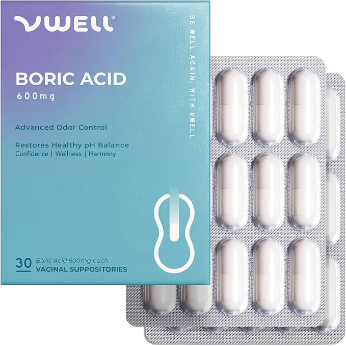 VWELL Boric Acid Vaginal Suppositories - Homeopathic Solution Maintains and Balances Healthy Vaginal pH - Doctors Recommended (One Size, 30, Count)