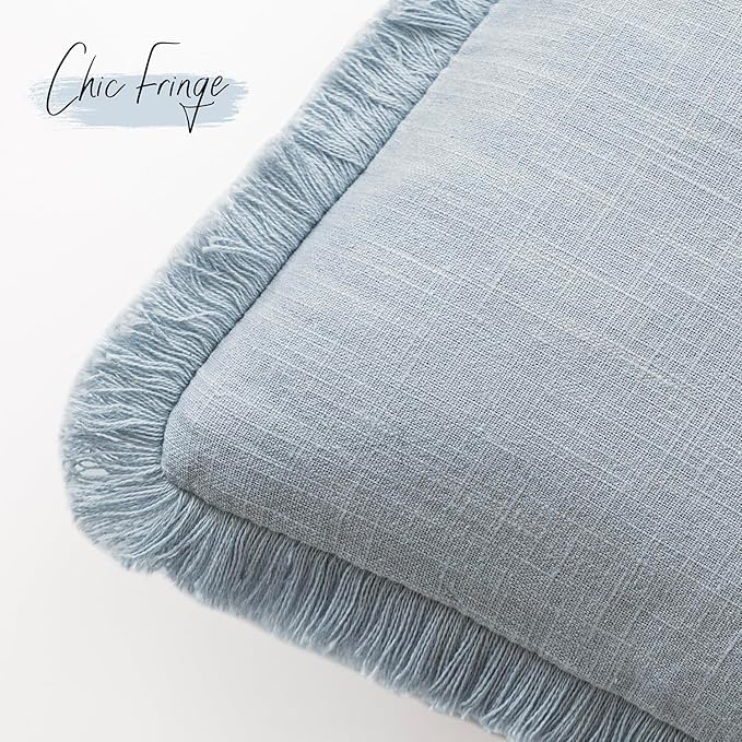 Foindtower Set of 2 Decorative Linen Fringe Throw Pillow Covers Boho Farmhouse Cushion Cover with Tassels Soft Accent Pillowcase for Couch Chair Sofa Bed Living Room Home Decor,18×18 Inch,Sky Blue