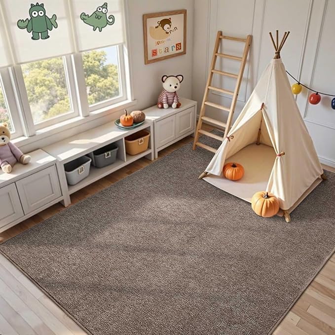 FinRèc 4x6 Washable Area Rugs for Bedroom Living Room, Low Pile Thin Rug Solid Color, Non-Slip Carpet Indoor for Home Decor (Brown/White)