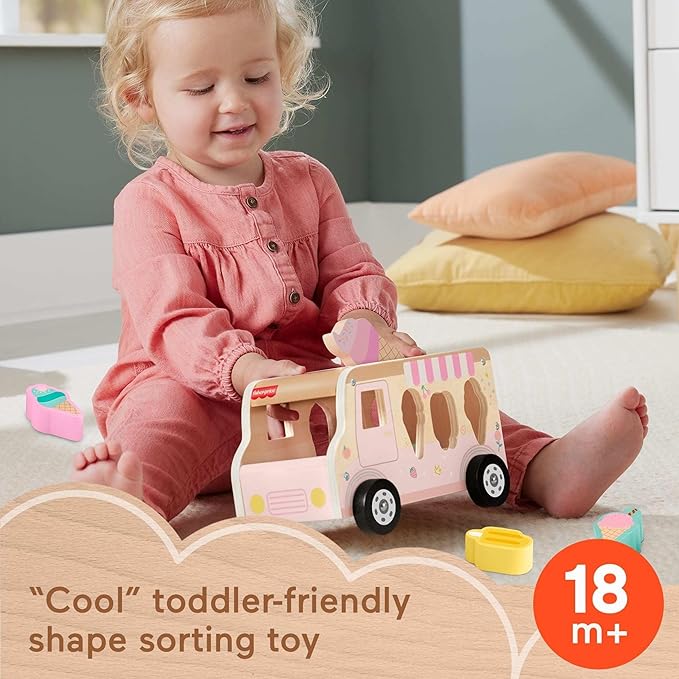 Fisher-Price Toddler Shape Sorting Playset Wooden Ice Cream Truck, 8 Wood Pieces for Developmental Play Ages 18+ Months (Amazon Exclusive)