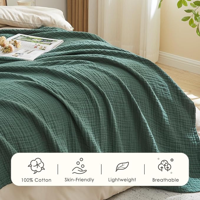 EMME Muslin Blankets for Adults Throw Blanket for Couch Breathable Gauze Soft Lightweight Airy Forest Green Super King 120" x 94"