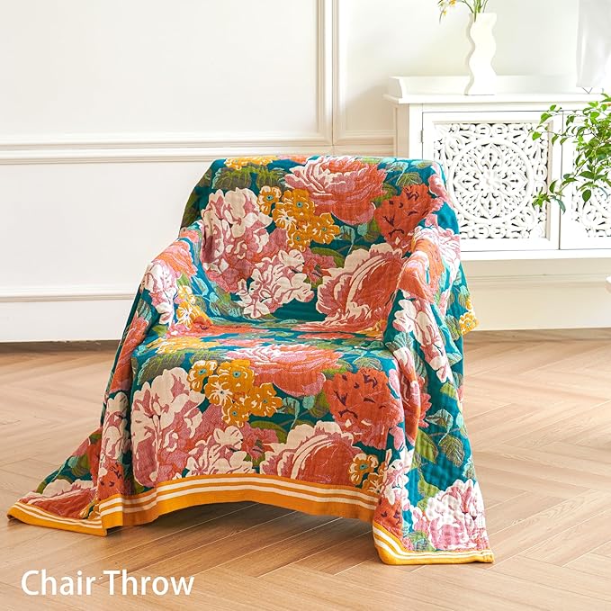 VANJOROY Boho Throw Blanket, 100% Organic Cotton Breathable Ultra Soft 80" x 90" Bed Quilt Throw - All Season Floral Rustic Farmhouse Decor Luxury Reversible Blanket for Sofa Couch Chair and Gift