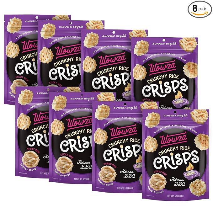Wowza Korean BBQ Crunchy Rice Crisps | Gluten Free Snack, Non-GMO, 8 Pack | Sweet smoky flavor, Healthy chip alternative, Kid-friendly, 3.5 oz bags, No artificial flavors, Allergen-friendly, Bold kick