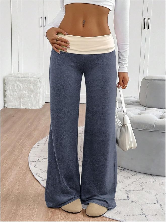 SOLY HUX Women's Sweatpants Color Block Low Rise Fold Over Waist Baggy Wide Leg Pants