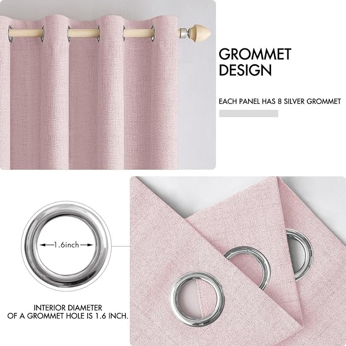 MIULEE Linen Texture Curtains for Bedroom Solid 100% Blackout Thermal Insulated Pink Curtains Grommet Room Darkening Drapes for Living Room 52x72 Inch (2 Panels)