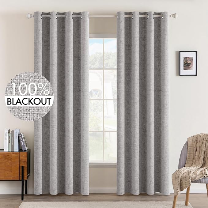 MIULEE Linen Texture Curtains for Bedroom Solid 100% Blackout Thermal Insulated Light Gray Curtains Grommet Room Darkening Drapes for Living Room 52x96 Inch (2 Panels)