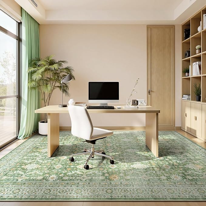 9x12 Area Rugs for Living Room, Washable Large Carpet, Light Green | Soft Rug for Bedroom, Dining Room, Home Office, Indoor, Nursery, Stain Resistant, Non-Slip, Low Pile,Vintage Distressed Rug