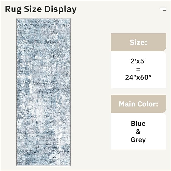 Soalmost Abstratc Runner Rug 2x5 Washable Kitchen Entry Runners Blue/Grey | Non-Slip Low-Pile Rugs for Bathroom Laundry Room, Vintage Foldable Floor Carpet Mat Hallway Entryway for Corridor Bedroom