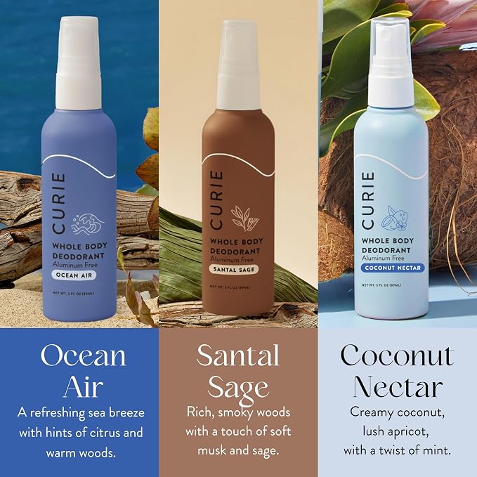 Curie Whole Body Deodorant - Calm & Cool Spray Variety Pack - Aluminum Free, Natural, Paraben Free, Cruelty Free, Vegan - Coconut Nectar, Santal Sage, and Ocean Air (3pk)