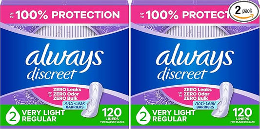 Always Discreet Incontinence Panty Liners for Bladder Leaks, Size 2, Very Light Absorbency, 120 Count (Pack of 2)