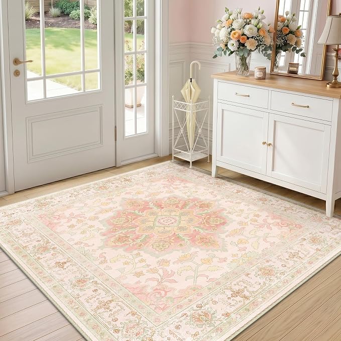 CAPALOCA Square 5ft Washable Nursery Girls Low Pile Area Rug Pink Green | Non-Slip Soft Rugs for Bedroom Kids Playroom Living Room, Print Pattern Water Repellent Carpet Indoor Decor