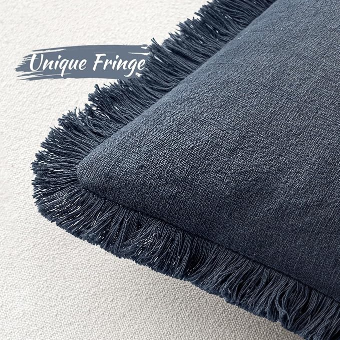 MIULEE Boho Linen Fringe Decorative Throw Pillow Covers Indigo Blue 18x18 | Set of 2, Cottagecore Decor, Boho Farmhouse Coastal Pillow Covers, Rustic Couch Cushion Cases for Sofa Bed Living Room