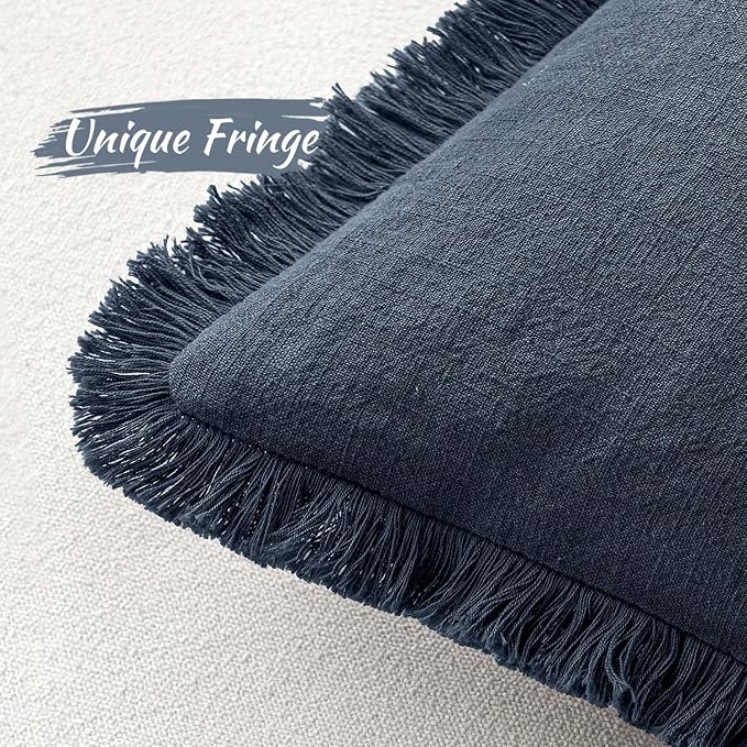 MIULEE Boho Linen Decorative Lumbar Throw Pillow Covers Indigo Blue 12x20 | Set of 2, Cottagecore Decor, Boho Farmhouse Coastal Pillow Covers, Rustic Fringe Couch Cushions for Sofa Bed Living Room