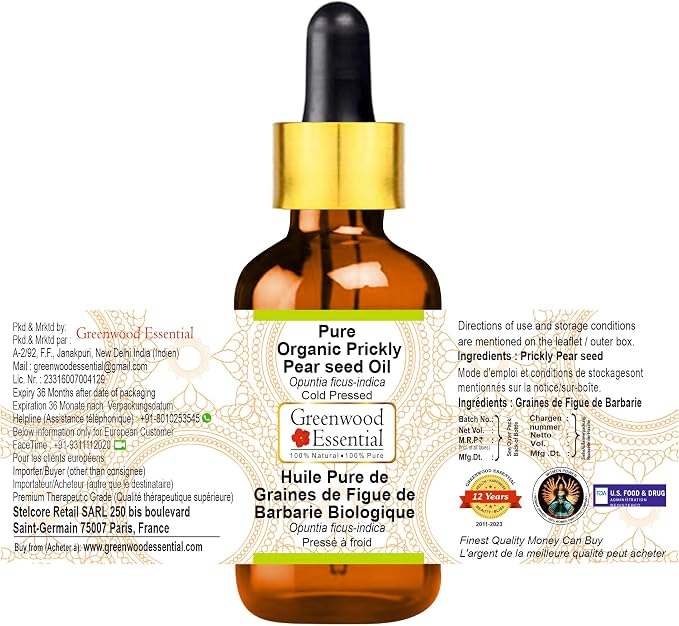 Greenwood Essential Pure Organic Prickly Pear Seed Oil (Opuntia ficus-Indica) with Glass Dropper Cold Pressed 100ml (3.38 oz)