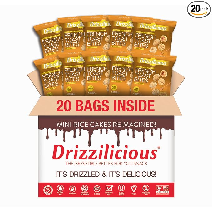 Drizzilicious Mini Flavored Rice Cakes French Toast - Rice Crisps, Healthy Snack for Adults and Kids, Vegan, Gluten Free Snack, Allergen Free, Only 90 Calories Per Bag - .74 oz (Pack of 20)
