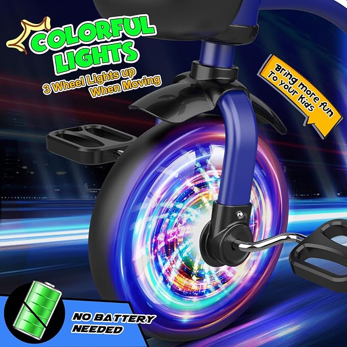 Toddler Tricycle for 1-3 3-4 Year Olds, Toddler Baby Bike, 2 3 4 Year Old Boys Girls Birthday Gifts, Outdoor Riding Toys for Ages 2-4, 3-Level Adjustable Seat, 3 Color Light Wheels, 2 Baskets
