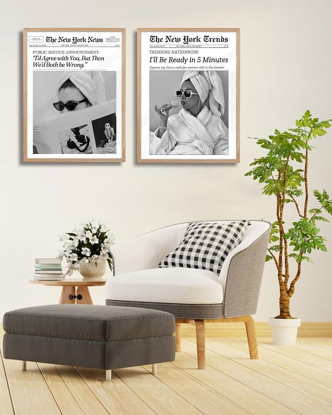 EcoHest 16x20 in I'll Be Ready in 5 Minutes Newspaper Framed Wall Art | Solid Oak Wood Frame with Canvas Wall Art, Feminist Newspaper Wall Decor for Bathroom, Bedroom, Apartment, Dorm Room, 1Pack