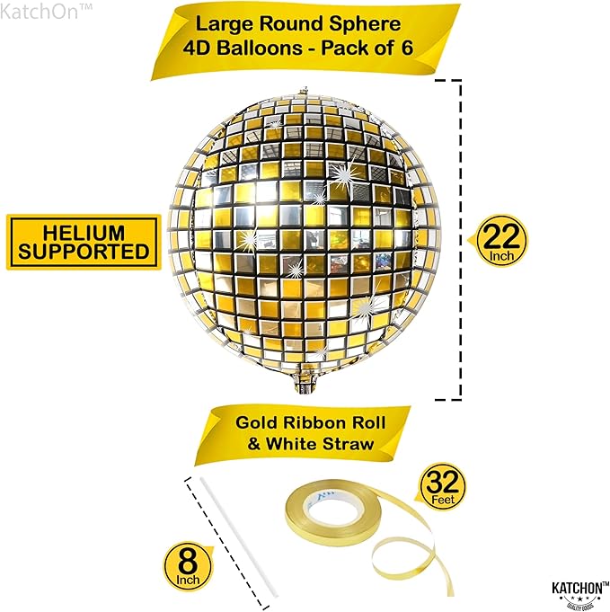 KatchOn, Gold and Silver Disco Ball Balloons - Big 22 Inch, Pack of 6 | 4D Sphere Balloons, Disco Party Decorations | 70s Party Disco Ball Decoration, Graduation Decorations 2026, Engagement Wedding