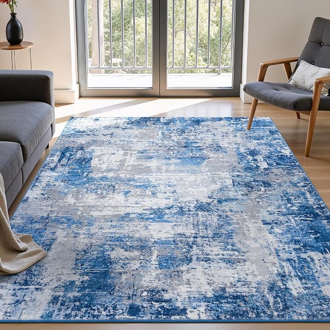 Rugflix 5x7 Area Rugs for Living Room, Washable Blue Grey Large Rug | Machine Washable; Stain-Resistant; Low Pile; Non-Slip; Modern Abstract; Carpet for Bedroom Dining Office Nursery Home