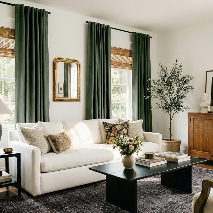 100% Blackout Shield Green Linen Blackout Curtains for Bedroom 102 Inches Long, Back Tab/Rod Pocket Living Room Drapes, Thermal Insulated Blackout Curtains 2 Panels Set, 50" W x 102" L,Loden