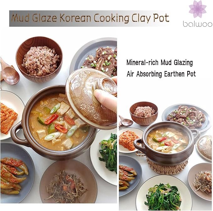 Korean Pot [Buncheong][44oz, 1300ml] MUD GLAZE Earthenware Ttukbaegi, Natural Ceramic Clay Cooking Pot Casserole, Heat Resistant Earthen Pot, Stone Bowl Stockpot Soup Crock, Pottery Bowl