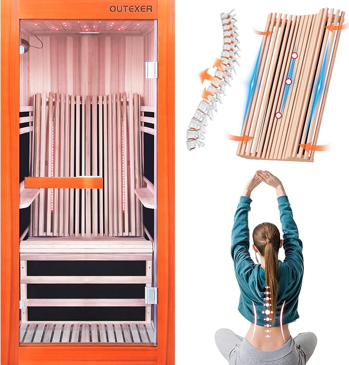 OUTEXER Infrared Sauna 1495W Wooden Saunas Spa Room Pacific Clear Cedar Wood Single Person Indoor Saunas with Special Shaped Comfortable Backrest 32.68 * 47.24 * 69.29 Inch