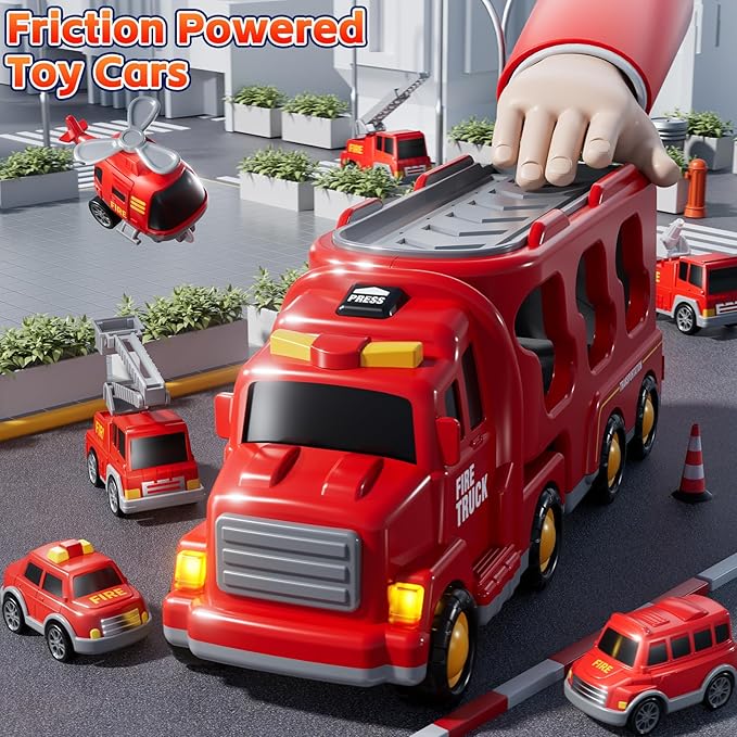 Fire Truck Toys for Toddler 1-3 3-5, 7-in-1 Fire Car Carrier Vehicle Set for Girls 1 2 3 4 5 6 Years Old, Transport Car with Light Sound, Birthdays Gifts for Kids Girls Aged 3-9
