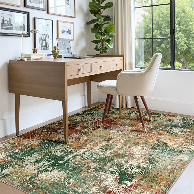 RELEANY Washable 4'x6' Abstract Area Rug for Living Room Green Multi | carpet for bedroom, kitchen, office, hallway and entryway, printed pattern, non-slip, soft, stain-resistant, easy to clean